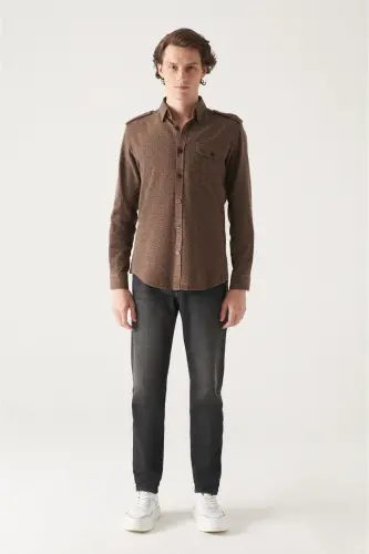 Men's Brown Epaulet Detail 100% Cotton Regular Fit Shirt A22y2024 - 4