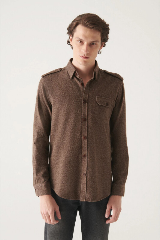 Men's Brown Epaulet Detail 100% Cotton Regular Fit Shirt A22y2024 - AVVA