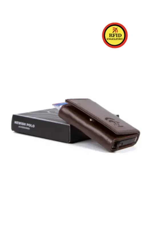 Men's Brown Faux Leather Aluminum Mechanism Sliding Wallet and Cardholder - BROWN - NEWISH