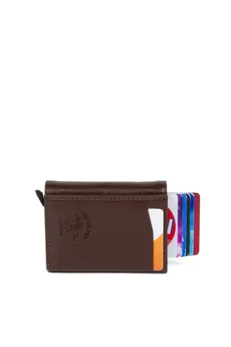 Men's Brown Faux Leather Aluminum Mechanism Sliding Wallet and Cardholder - BROWN - 3