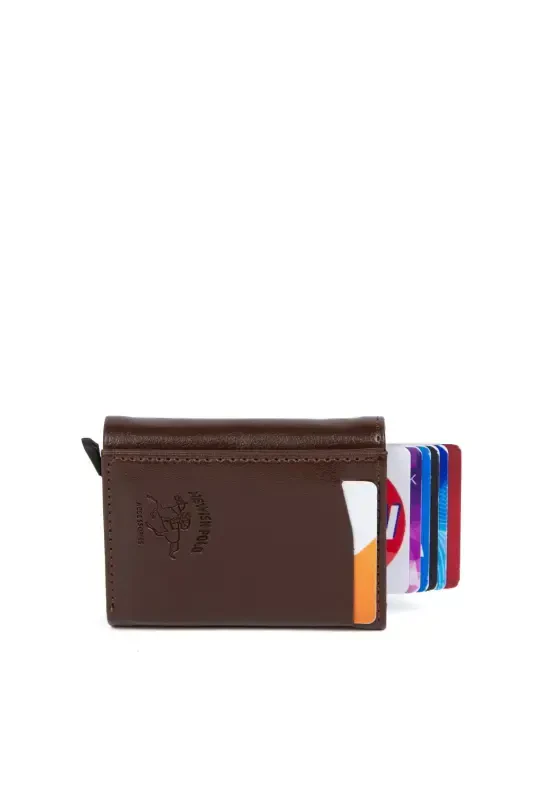 Men's Brown Faux Leather Aluminum Mechanism Sliding Wallet and Cardholder - BROWN - 3
