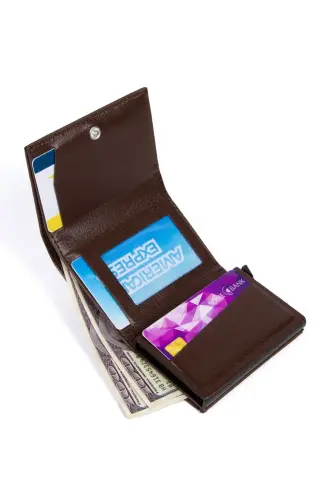 Men's Brown Faux Leather Aluminum Mechanism Sliding Wallet and Cardholder - BROWN - 5