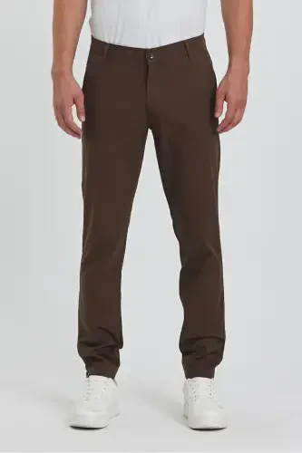 Men's Brown Gabardine Cotton Linen Slim Fit Stretch Chino Pants-brown - 1
