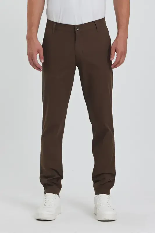 Men's Brown Gabardine Cotton Linen Slim Fit Stretch Chino Pants-brown - 1