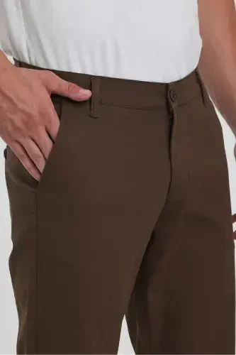Men's Brown Gabardine Cotton Linen Slim Fit Stretch Chino Pants-brown - 2