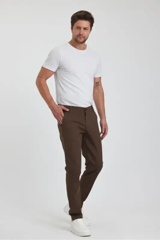 Men's Brown Gabardine Cotton Linen Slim Fit Stretch Chino Pants-brown - 3