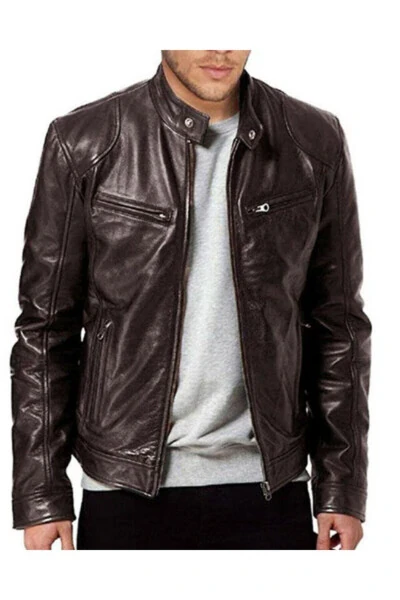 Men's Brown Notch Lapel Genuine Leather Jacket - 3