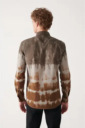 Men's Brown Printed Button-Down Collar 100% Cotton Slim Fit Slim Fit Shirt A22y2070 - 4