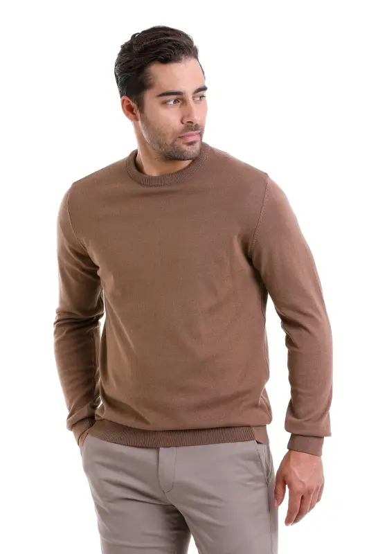 Men's Brown Regular Fit 100% Cotton Crew Neck Knit Sweater - Brown - 2