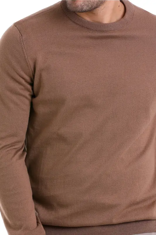 Men's Brown Regular Fit 100% Cotton Crew Neck Knit Sweater - Brown - 4