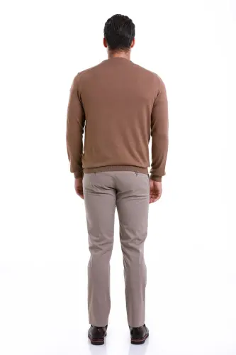 Men's Brown Regular Fit 100% Cotton Crew Neck Knit Sweater - Brown - 5