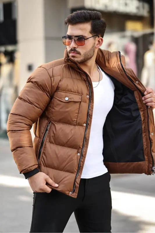Men's Brown Regular Fit Stand-Up Collar Water and Windproof Puffer Jacket - BROWN - 3