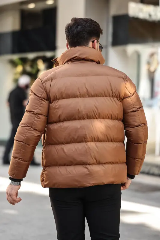 Men's Brown Regular Fit Stand-Up Collar Water and Windproof Puffer Jacket - BROWN - 4
