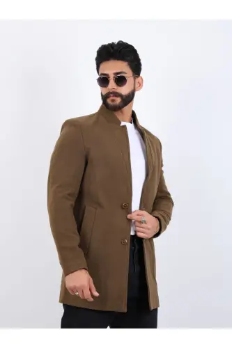 Men's Brown Slim Fit Stand-up Collar Cashmere Coat - BROWN - 1