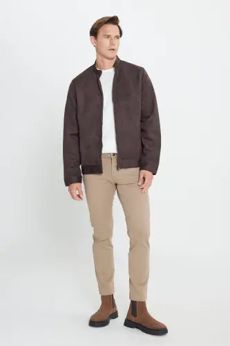 Men's Brown Standard Fit Regular Fit Stand-Up Collar Suede Jacket Coat-Brown - 8
