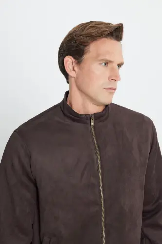 Men's Brown Standard Fit Regular Fit Stand-Up Collar Suede Jacket Coat-Brown - 10