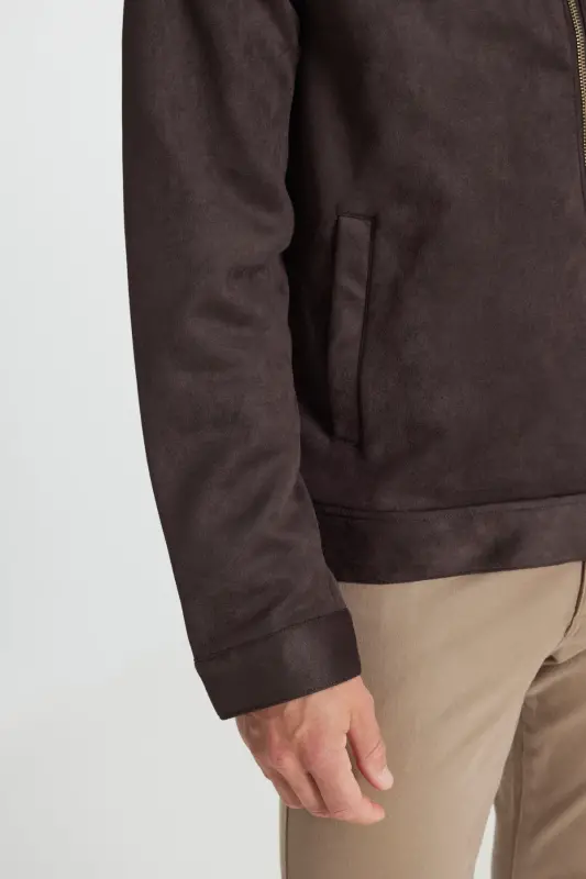 Men's Brown Standard Fit Regular Fit Stand-Up Collar Suede Jacket Coat-Brown - 11