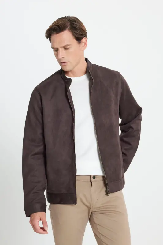 Men's Brown Standard Fit Regular Fit Stand-Up Collar Suede Jacket Coat-Brown - 3