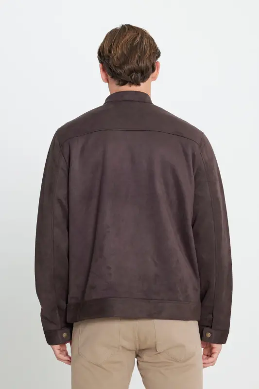 Men's Brown Standard Fit Regular Fit Stand-Up Collar Suede Jacket Coat-Brown - 6