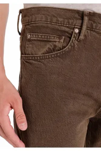 Men's brown straight leg, mid rise, regular fit trousers. - 5