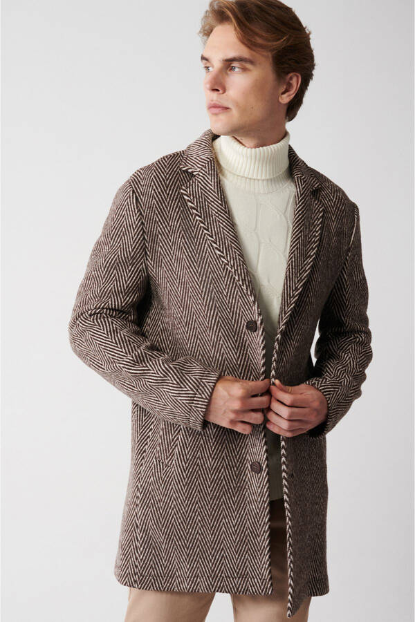 Men's brown wool coat, single breasted, herringbone pattern, unlined, comfort fit. - 9