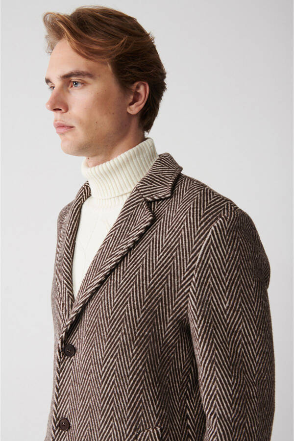 Men's brown wool coat, single breasted, herringbone pattern, unlined, comfort fit. - 10