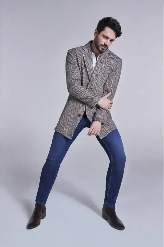 Men's brown wool coat, single breasted, herringbone pattern, unlined, comfort fit. - AVVA