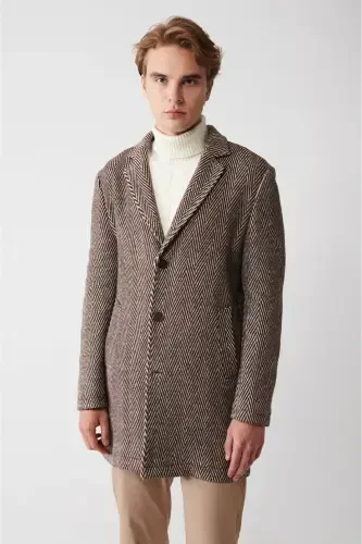 Men's brown wool coat, single breasted, herringbone pattern, unlined, comfort fit. - 4
