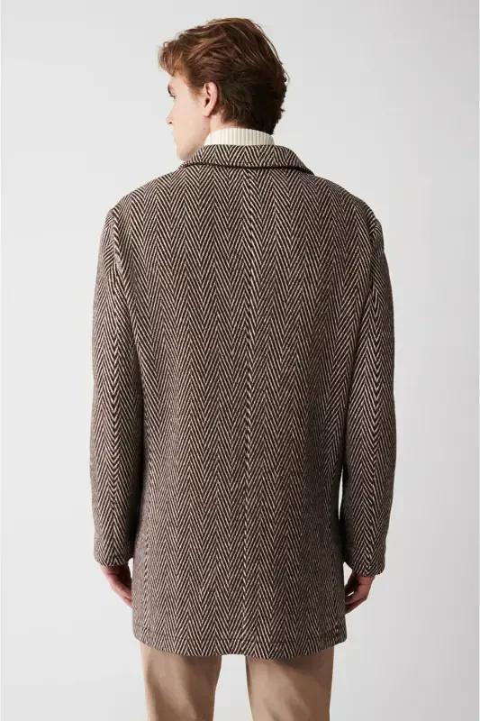 Men's brown wool coat, single breasted, herringbone pattern, unlined, comfort fit. - 5