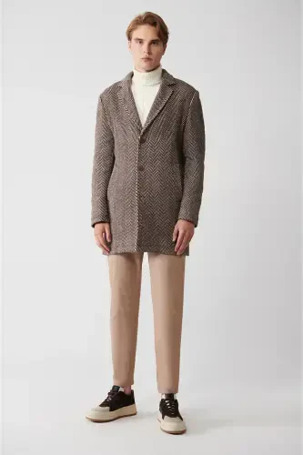 Men's brown wool coat, single breasted, herringbone pattern, unlined, comfort fit. - 7