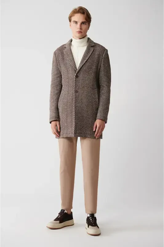 Men's brown wool coat, single breasted, herringbone pattern, unlined, comfort fit. - 7