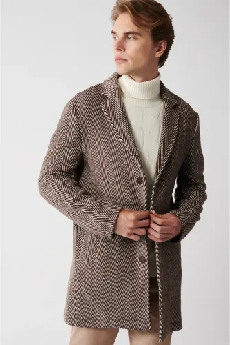Men's brown wool coat, single breasted, herringbone pattern, unlined, comfort fit. - AVVA (1)