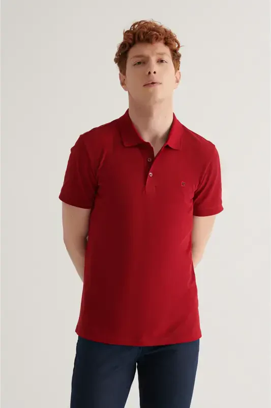 Men's Burgundy 100% Cotton Cool Polo Collar T-Shirt E001004-Burgundy - AVVA