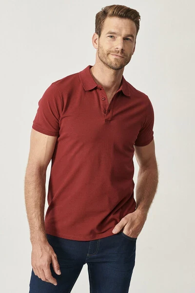 Men's Burgundy 100% Cotton Non-Iron Pique Polo Neck Sl - ALTINYILDIZ CLASSICS (1)