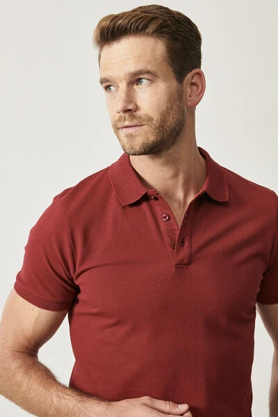 Men's Burgundy 100% Cotton Non-Iron Pique Polo Neck Sl - 3