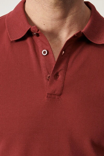 Men's Burgundy 100% Cotton Non-Iron Pique Polo Neck Sl - 4