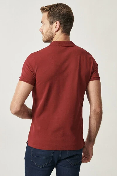 Men's Burgundy 100% Cotton Non-Iron Pique Polo Neck Sl - 5