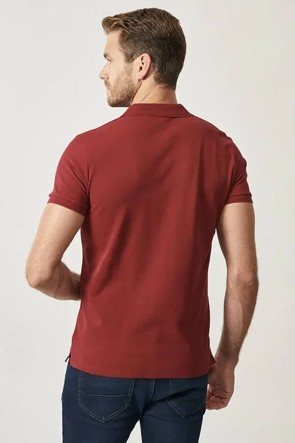 Men's Burgundy 100% Cotton Non-Iron Pique Polo Neck Sl - 5