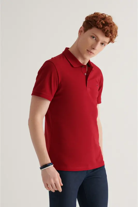 Men's Burgundy Basic Cotton Polo Collar T-shirt E001004-Burgundy - 2