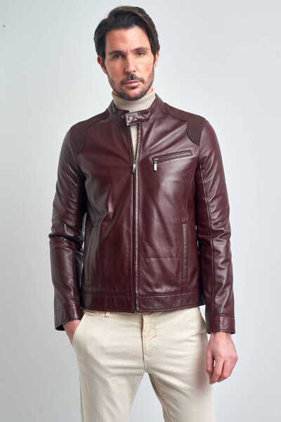 Men's Burgundy Basic Short Leather Jacket - 3