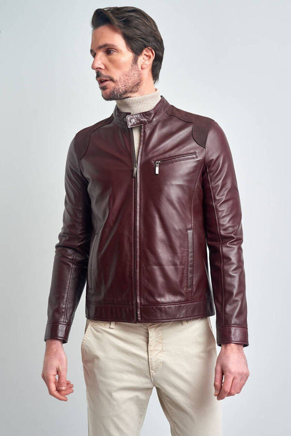 Men's Burgundy Basic Short Leather Jacket - 4