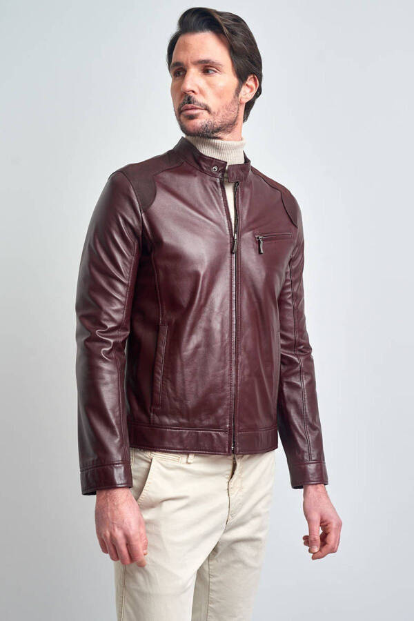 Men's Burgundy Basic Short Leather Jacket - 5