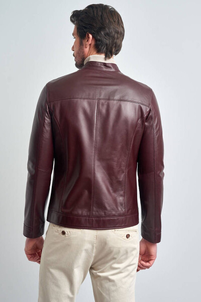 Men's Burgundy Basic Short Leather Jacket - 6