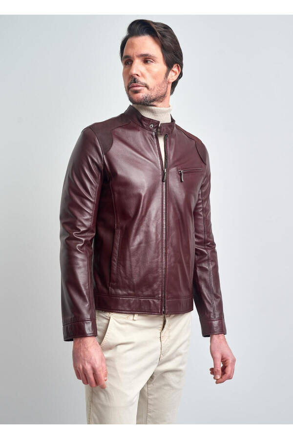 Men's Burgundy Basic Short Leather Jacket - 1