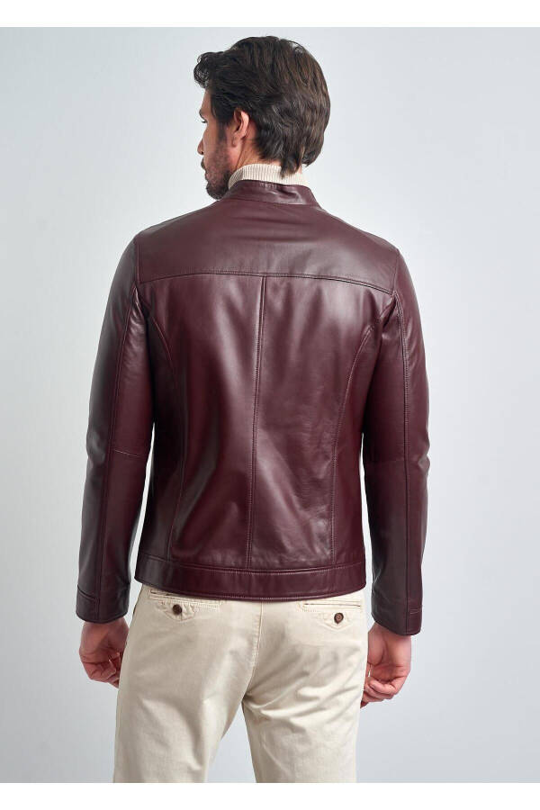 Men's Burgundy Basic Short Leather Jacket - 2