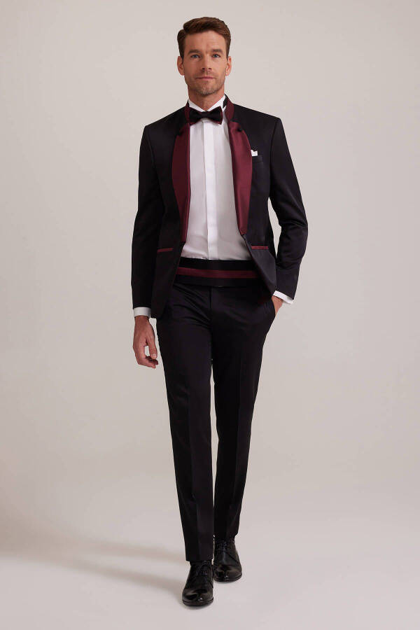 Men's Burgundy Black Slim Fit Shawl Collar Groom Suit - 9