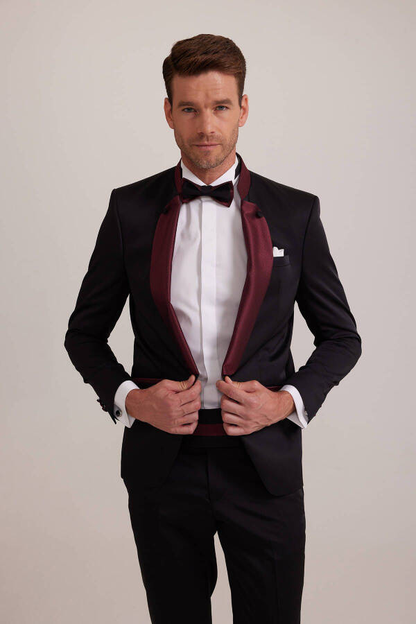 Men's Burgundy Black Slim Fit Shawl Collar Groom Suit - 11