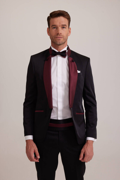 Men's Burgundy Black Slim Fit Shawl Collar Groom Suit - 13