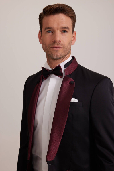 Men's Burgundy Black Slim Fit Shawl Collar Groom Suit - 6