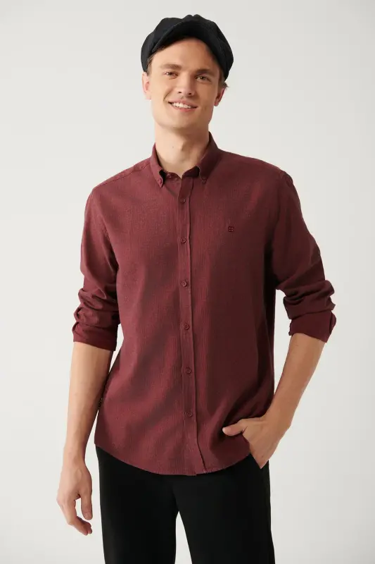 Men's Burgundy Button-Down Collar 100% Cotton Herringbone Flannel Regular Fit Shirt B002033 - 1